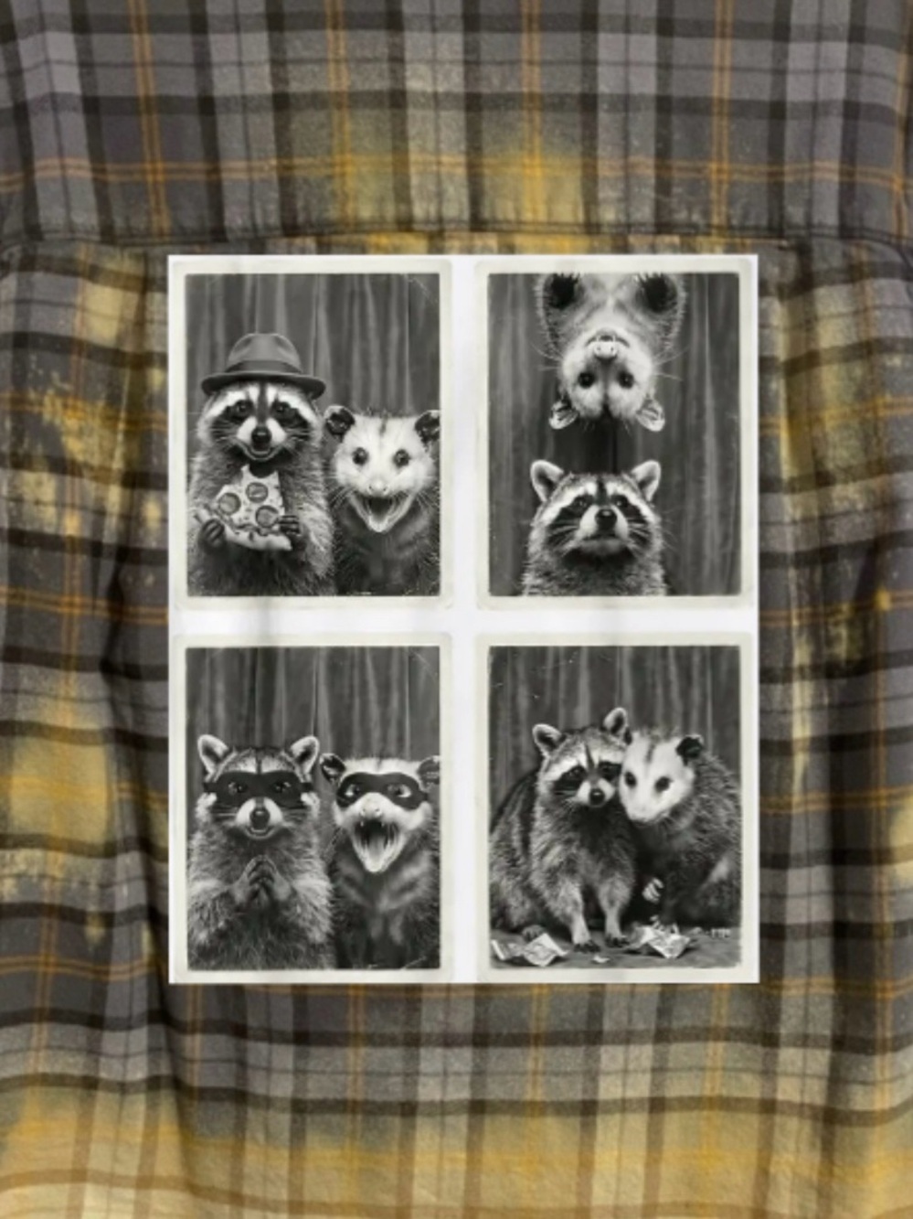 Upcycled “Photo Booth” Plaid Button-Up Shirt with Raccoon and Possum Patch